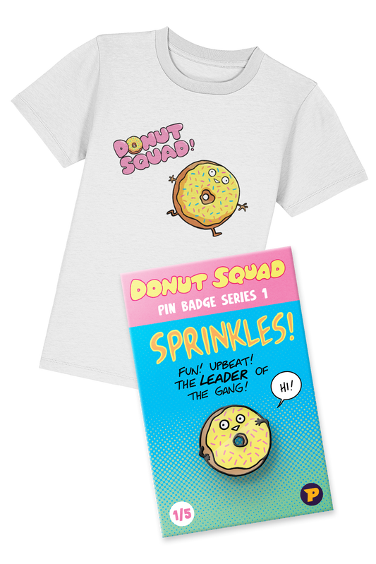 Donut Squad Sprinkles t-shirt and pin badge bundle
