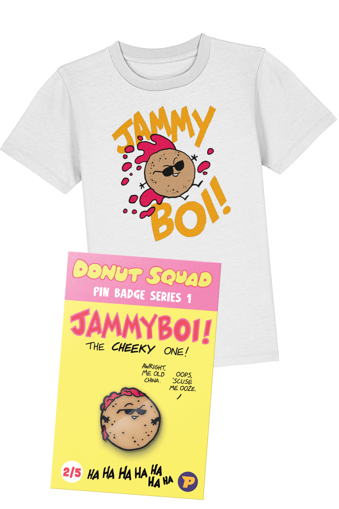 Donut Squad Jammyboi t-shirt and pin badge bundle