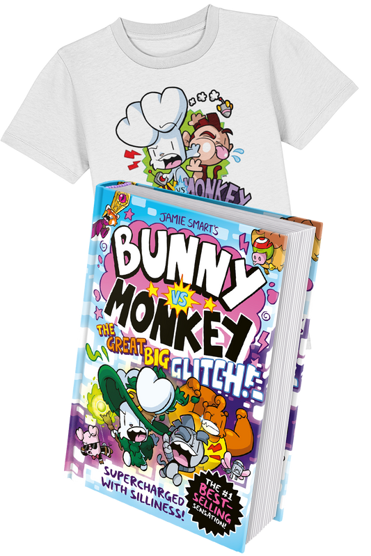 Bunny vs Monkey: The Great Big Glitch book and t-shirt bundle