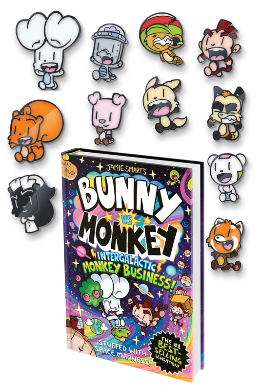 Bunny vs Monkey book and pin badges bundle