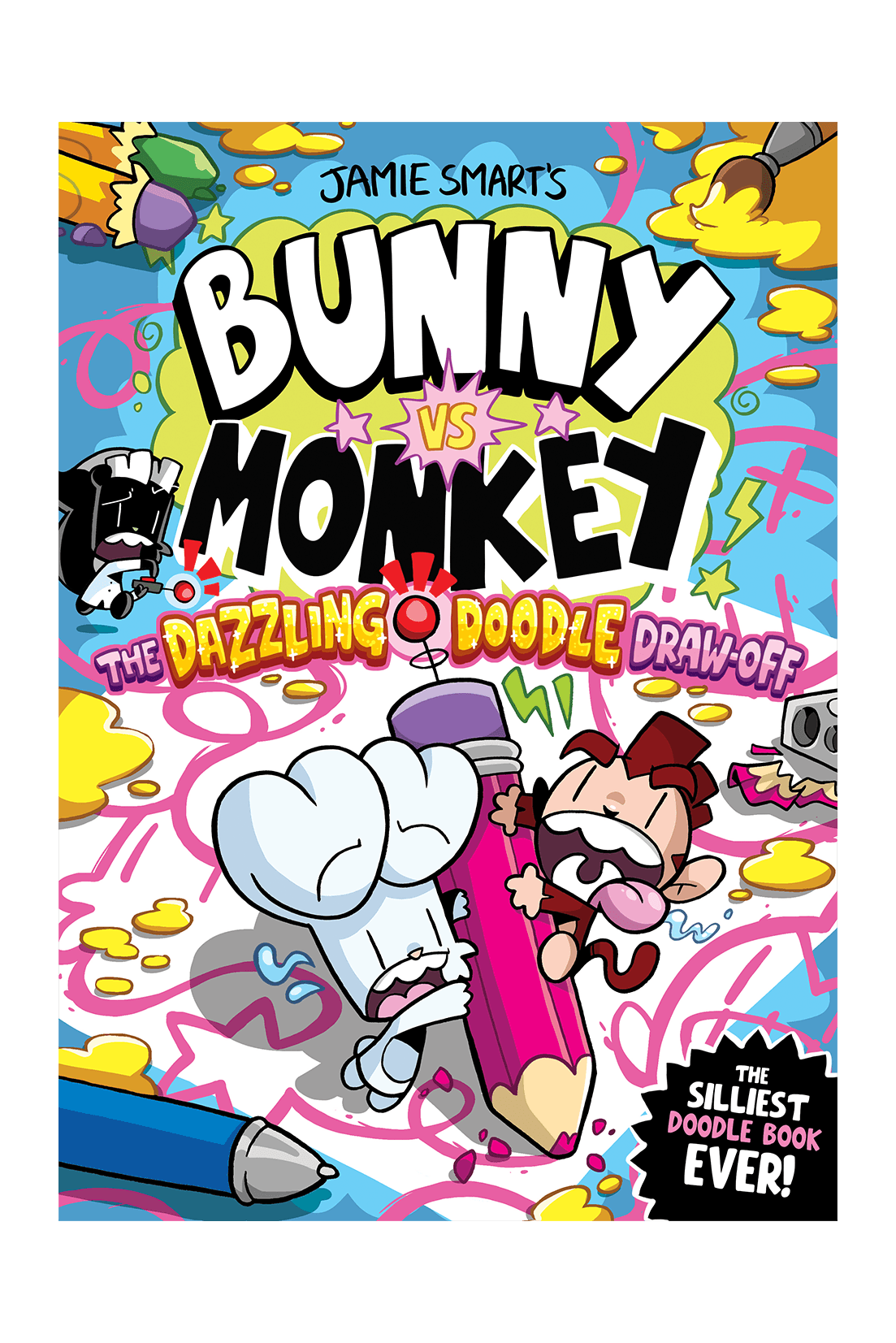 Front cover of the children's book 'Bunny vs Monkey: The Dazzling Doodle Draw-Off' by Jamie Smart's, featuring a colorful cartoon illustration with a bunny, monkey, pencil, and paint splatters on a bright background.