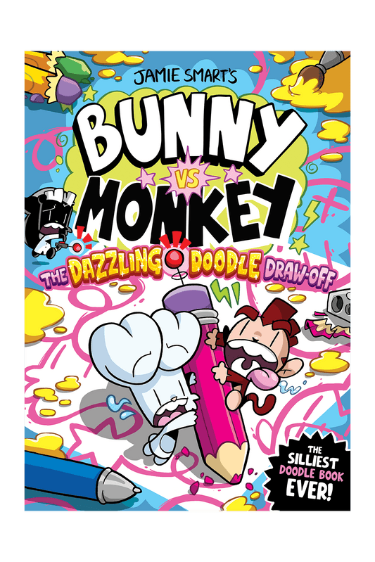 Front cover of the children's book 'Bunny vs Monkey: The Dazzling Doodle Draw-Off' by Jamie Smart's, featuring a colorful cartoon illustration with a bunny, monkey, pencil, and paint splatters on a bright background.