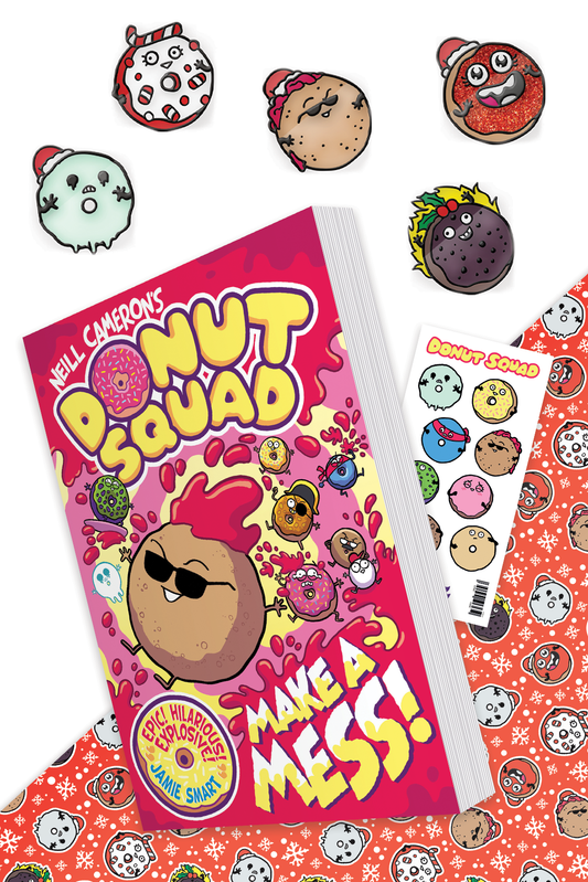 Donut Squad festive book, tattoos and pin badges gift bundle (book 2)