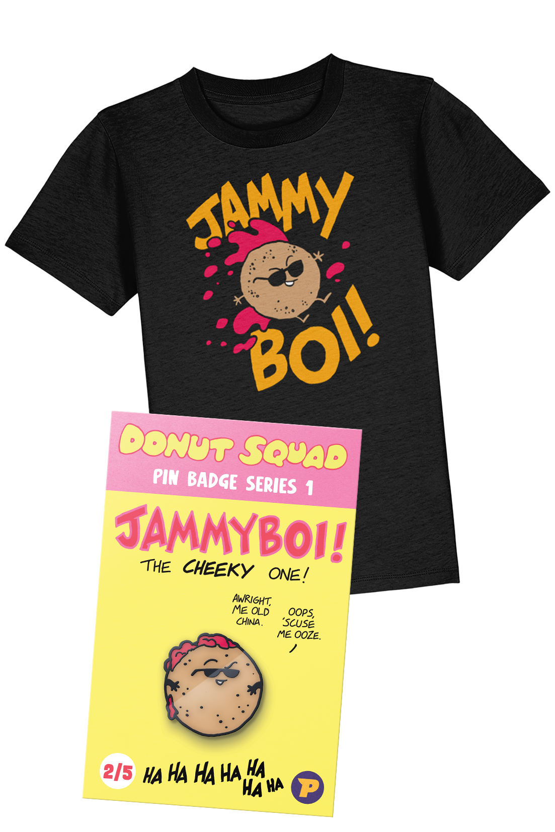 Donut Squad Jammyboi t-shirt and pin badge bundle