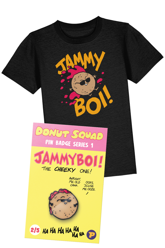 Donut Squad Jammyboi t-shirt and pin badge bundle