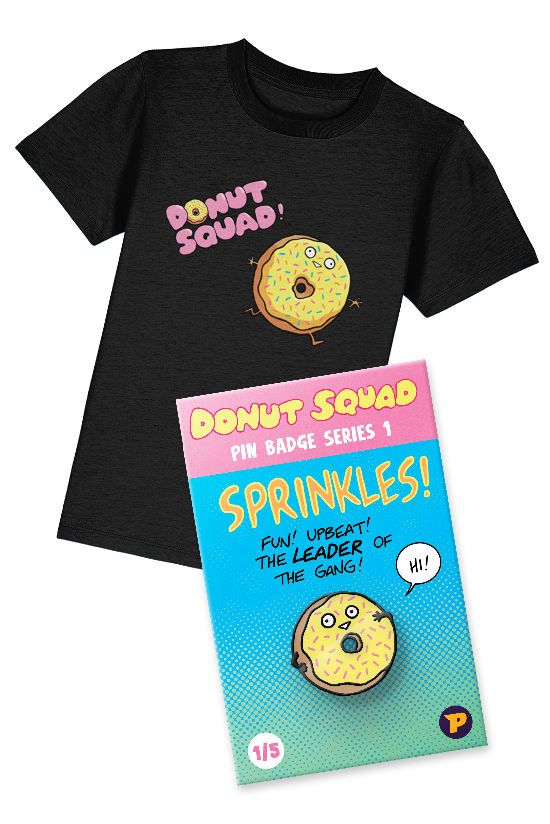 Donut Squad Sprinkles t-shirt and pin badge bundle