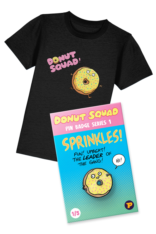 Donut Squad Sprinkles t-shirt and pin badge bundle