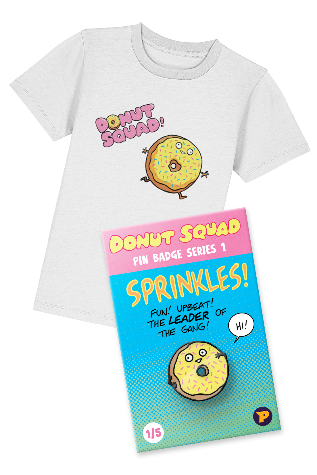 Donut Squad Sprinkles t-shirt and pin badge bundle