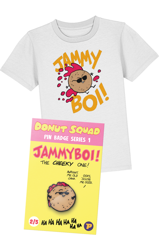 Donut Squad Jammyboi t-shirt and pin badge bundle