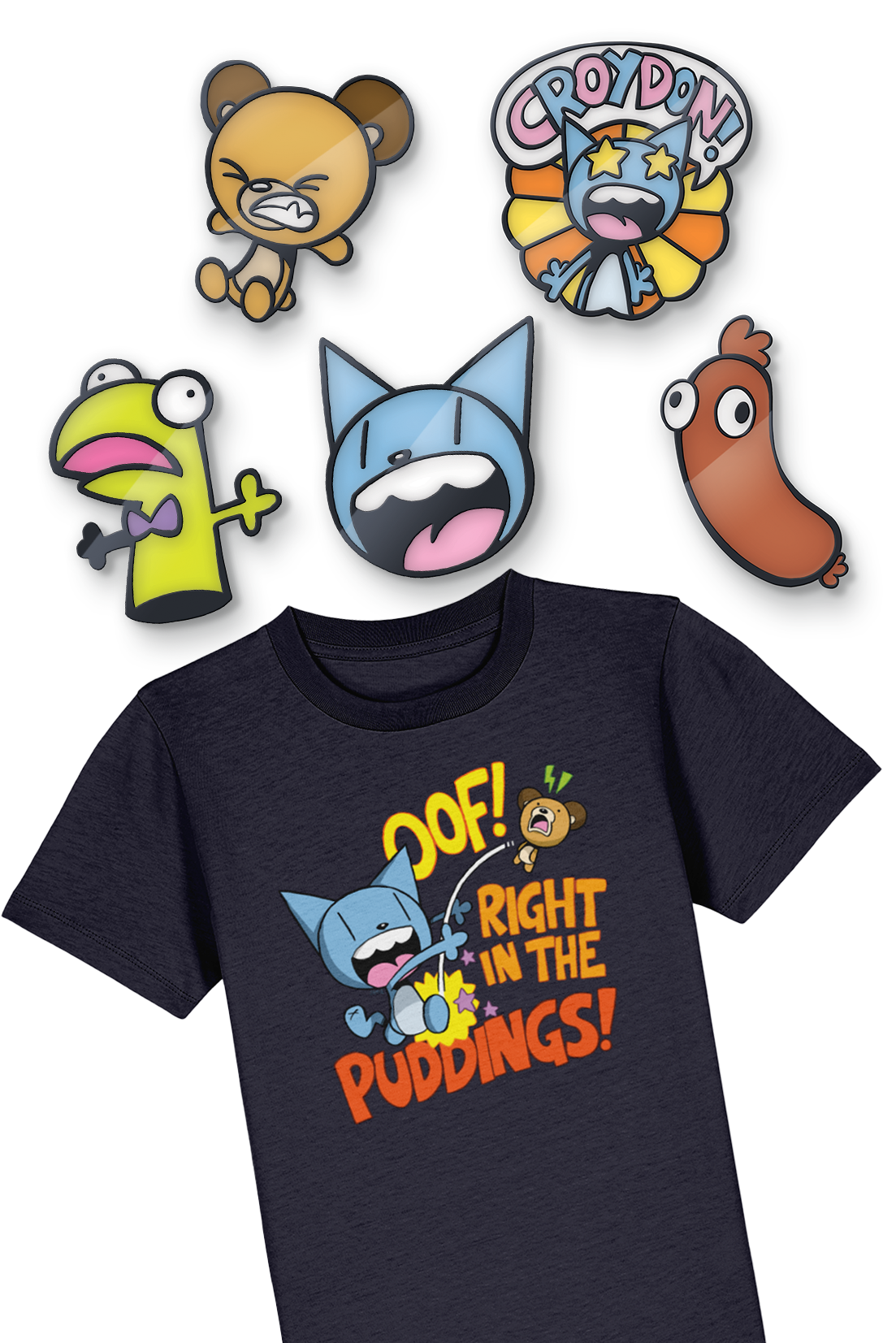 Looshkin "Oof! Right in the Puddings!" t-shirt and pin badges bundle