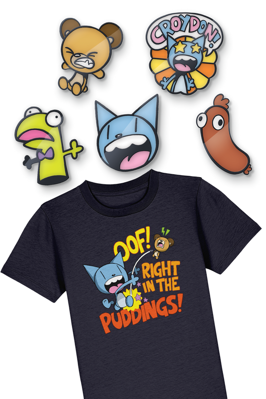 Looshkin "Oof! Right in the Puddings!" t-shirt and pin badges bundle