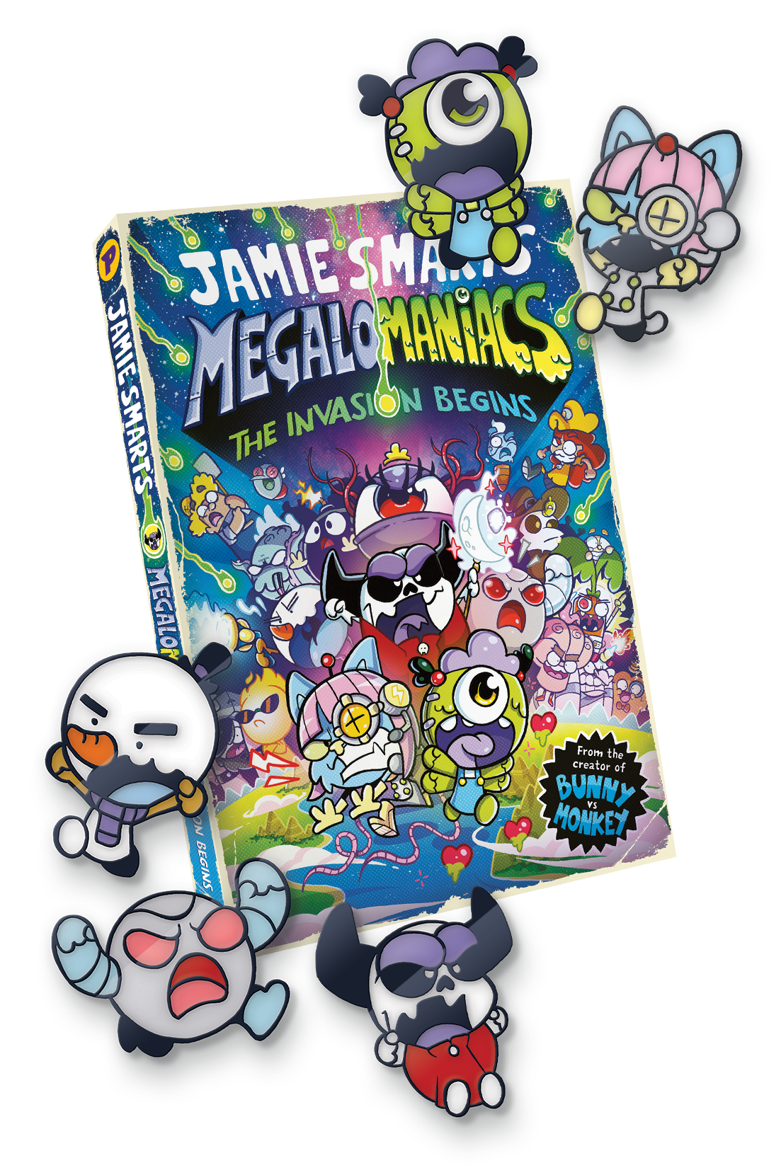 Megalomaniacs book and badges bundle