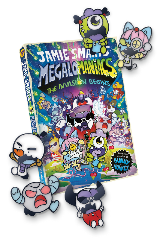 Megalomaniacs book and badges bundle