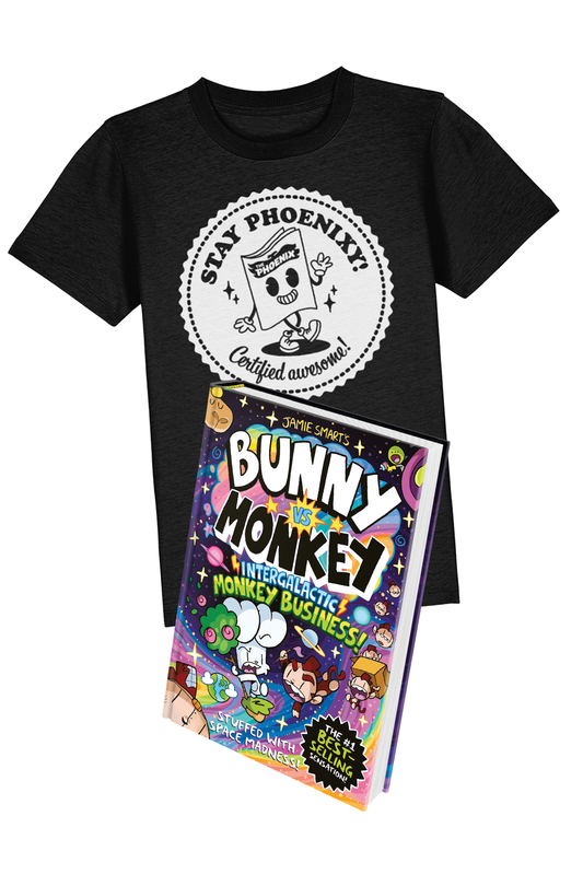 Bunny vs Monkey Intergalactic Monkey Business and Stay Phoenixy Rosette kids t shirt