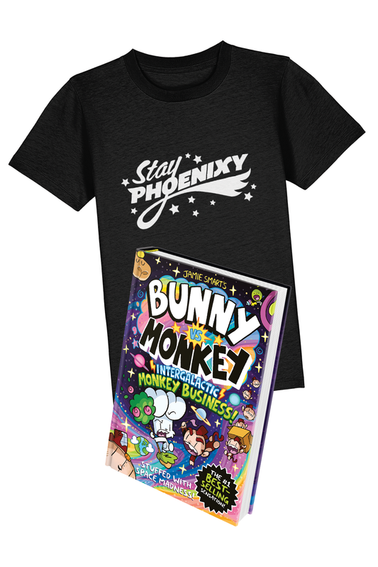 Bunny vs Monkey Intergalactic Monkey Business and Stay Phoenixy kids t-shirt