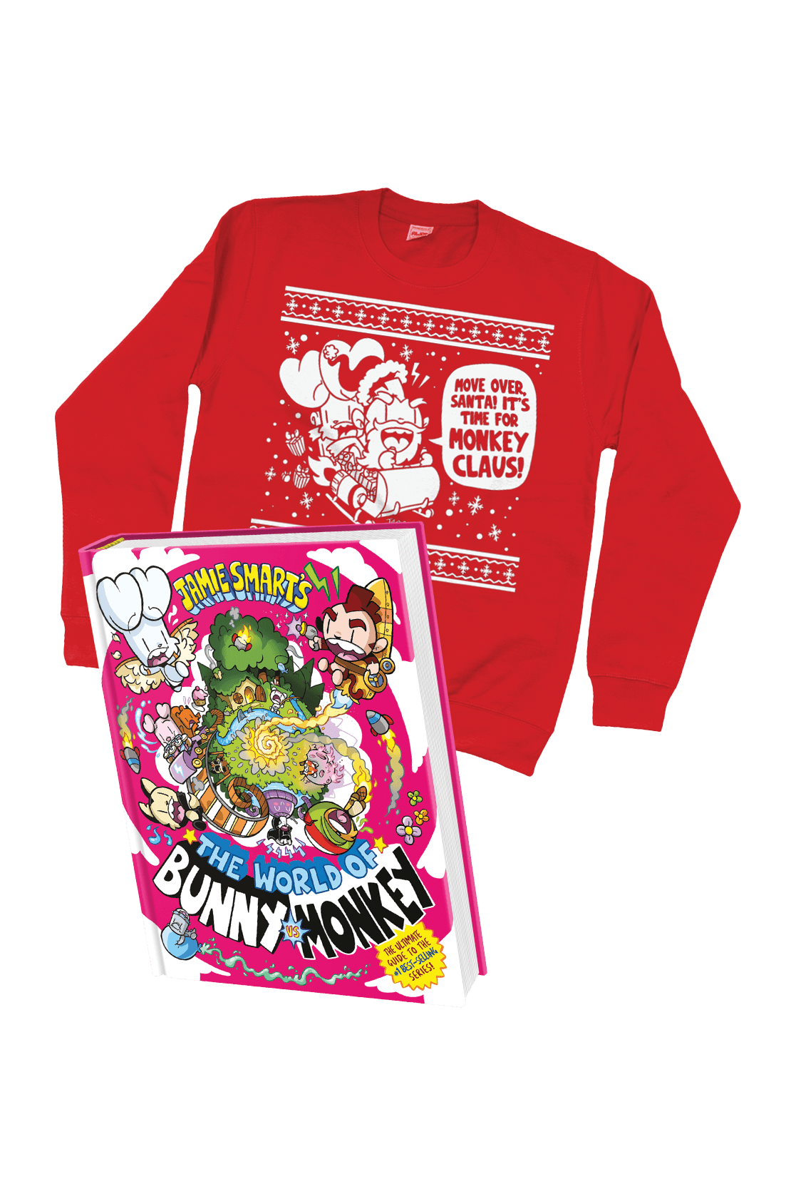 World of Bunny vs Monkey book and Christmas jumper