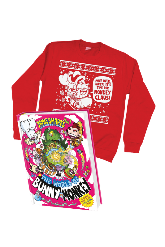 World of Bunny vs Monkey book and Christmas jumper
