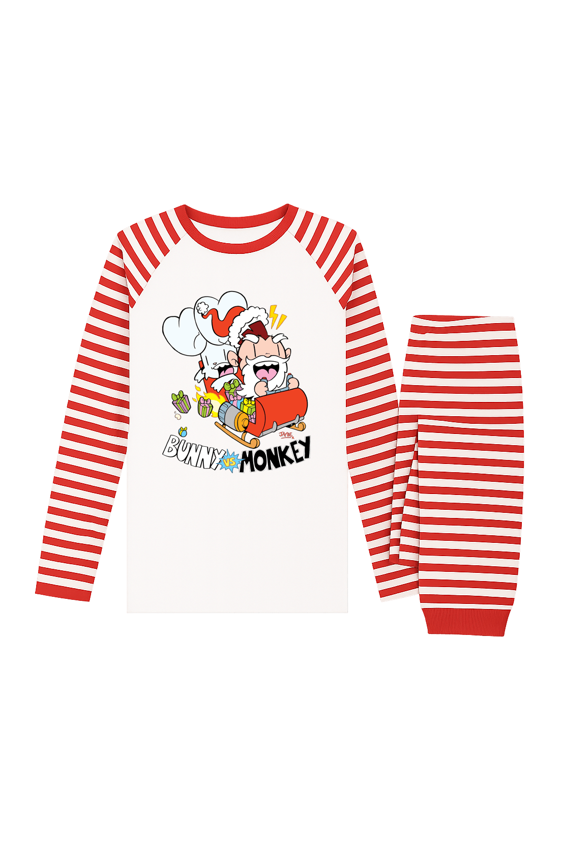 Bunny vs Monkey xmas pyjamas in red and white