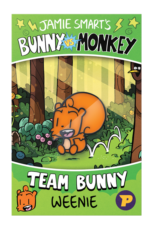 Bunny vs Monkey Weenie pin badge