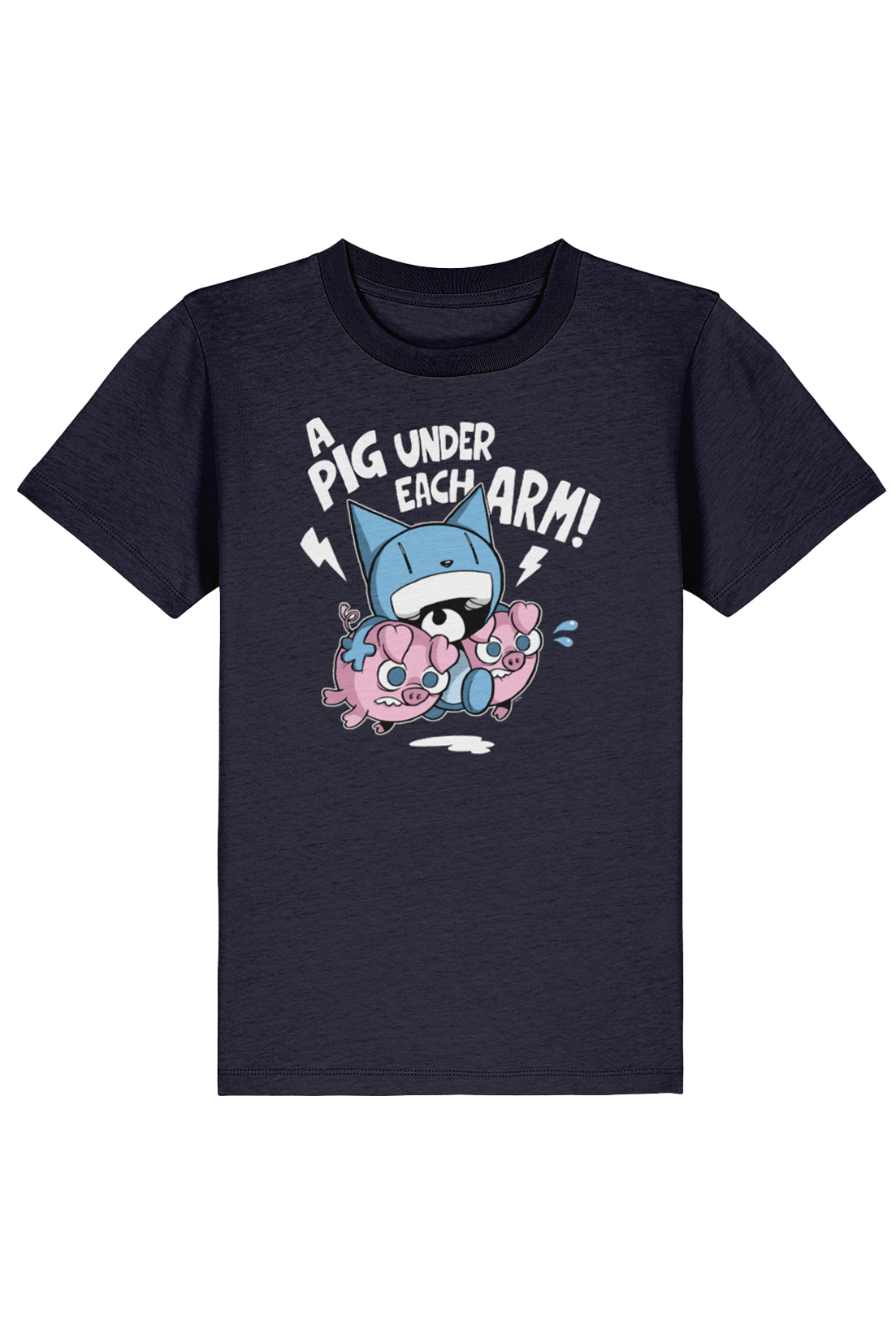 Navy kids t-shirt with graphic artwork of Looshkin the cat with piglets under each arm and text 'A pig under each arm!' by Jamie Smart.